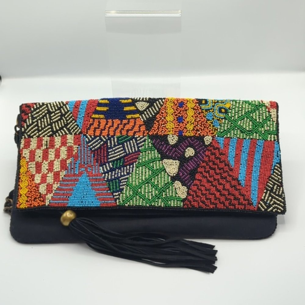 River Island Large Avant Garde Clutch Handbag Artsy Patchwork Beaded